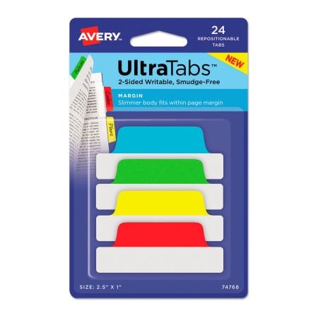 Avery Dennison Avery Ultra Tabs Repositionable Tabs, 2-1/2in x 1in, Primary: Green, Red, Yellow, Blue, 24/Pack 74768